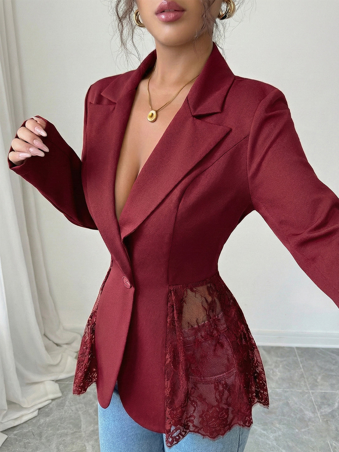 Women's nan tailored blazer with lace trim and deep V-neck Mune Fashion