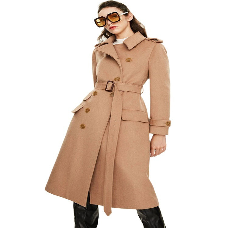 Women's fitted A-line trench coat made of wool-cashmere blend with waist belt and flap Mune Fashion