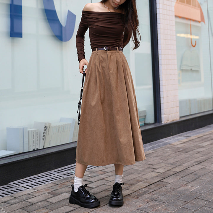 Women's fitted A-line corduroy skirt with box pleats and imitation leather belt Mune Fashion