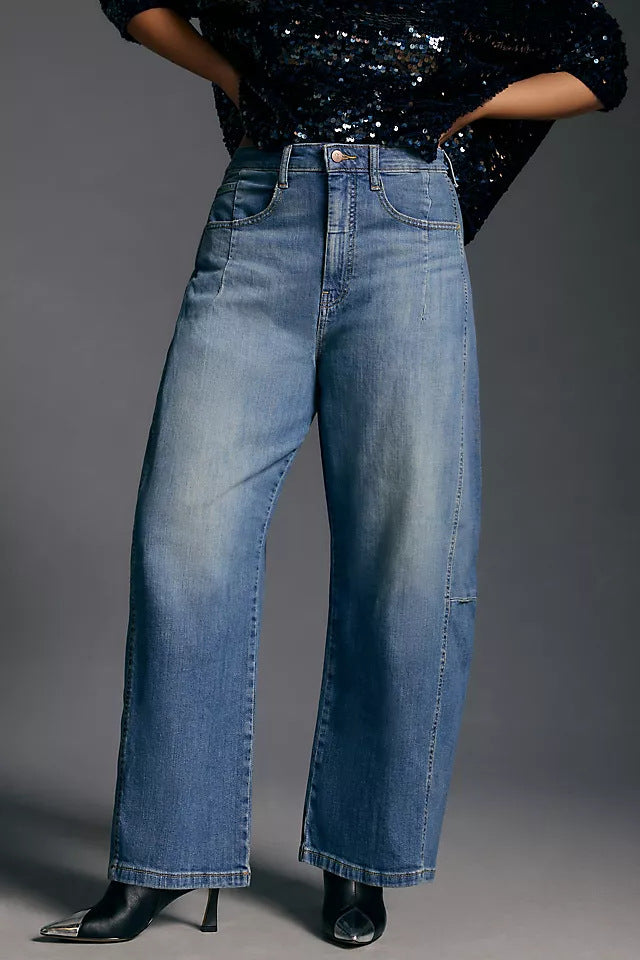 Women's high-cut wide culotte jeans with cropped length and decorative seam details Mune Fashion