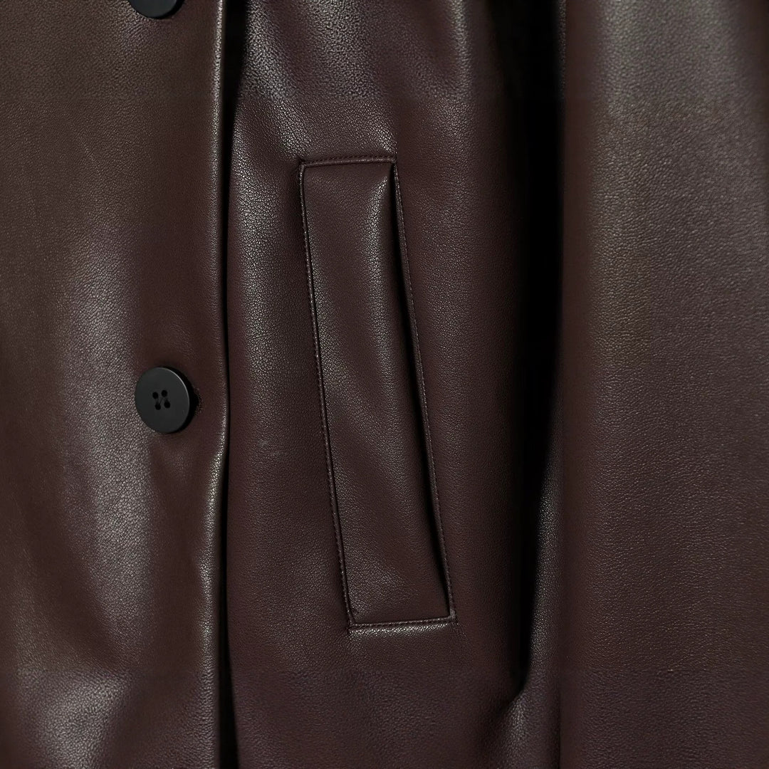 Women's Short Faux Leather Blouson with Double-Breasted Button Placket and Boxy Silhouette Mune Fashion