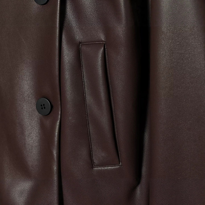 Women's Short Faux Leather Blouson with Double-Breasted Button Placket and Boxy Silhouette Mune Fashion