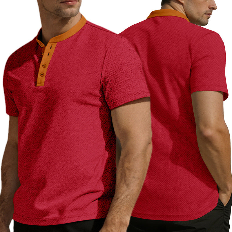 Men's slim short sleeve Henley polo shirt with Mandarin collar and fine jacquard texture Mune Fashion