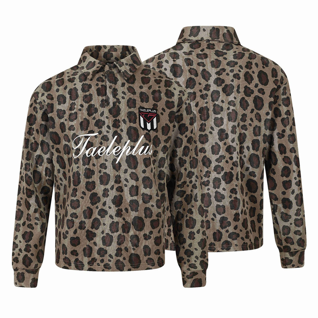Women Long Sleeve Polo Shirt with Waffle Structure, Button Placket and Animal Print Mune Fashion