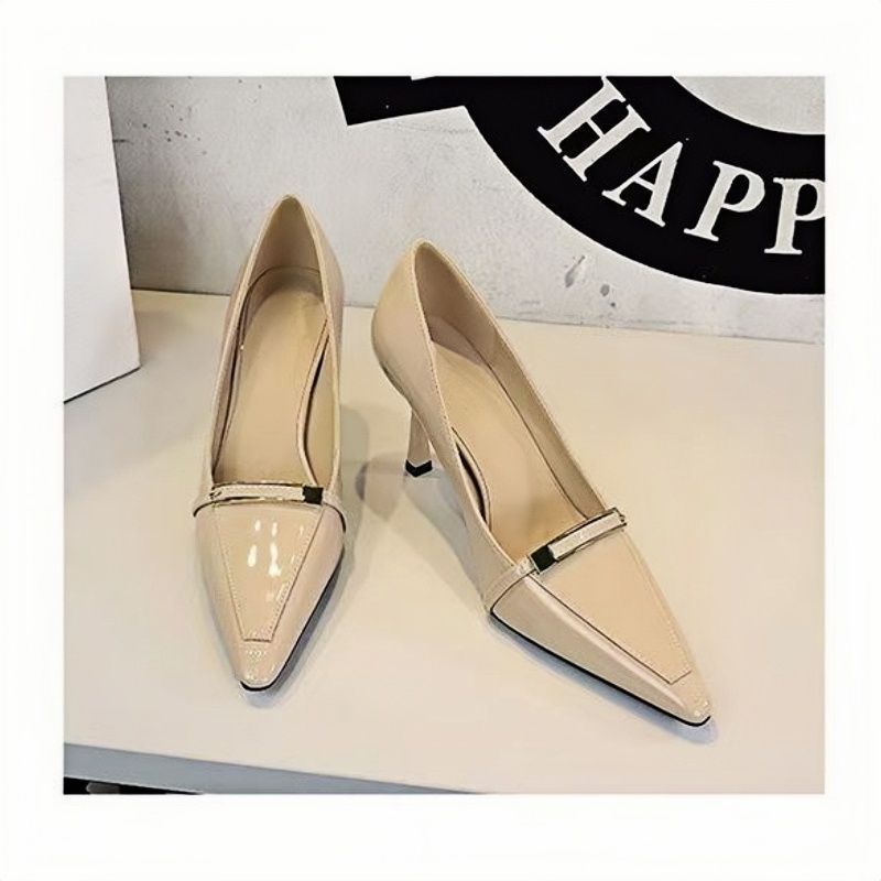 Women's pointed toe patent pumps with delicate metal strap and slim stiletto heel Mune Fashion