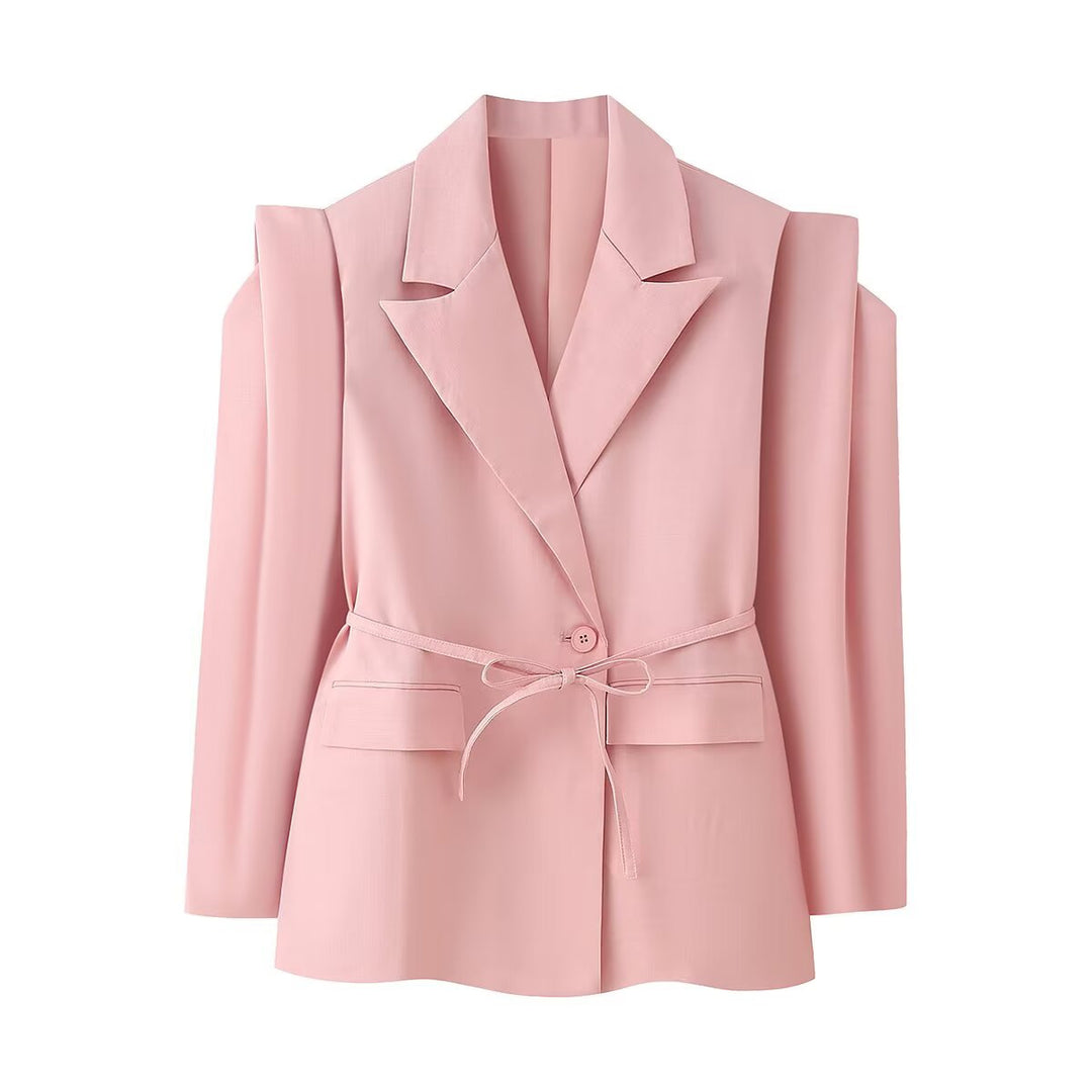 Women's blazer with shoulder cutouts, belted waist and single button closure Mune Fashion