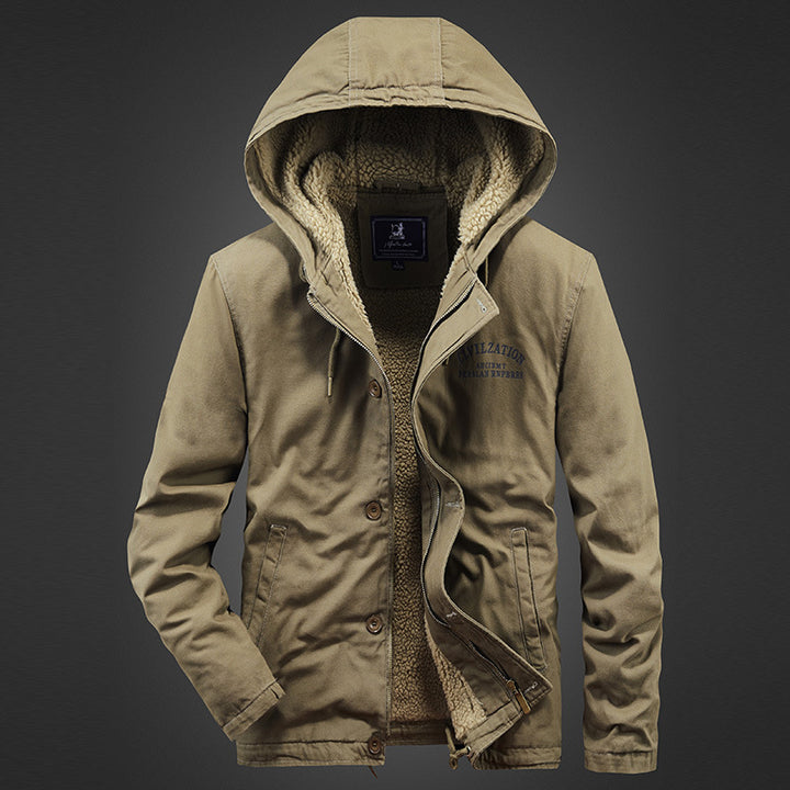 Men's Canvas Hooded Jacket with Sherpa Lining, Concealed Two-Way Zipper and Utility Details Mune Fashion