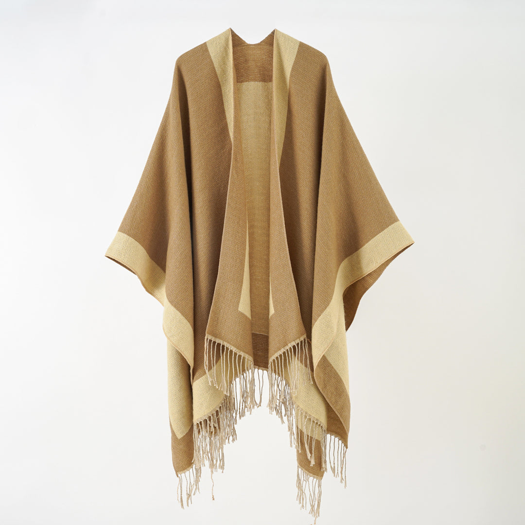 Women Ruana Poncho with Fringe Hem and Herringbone Weave Structure Mune Fashion