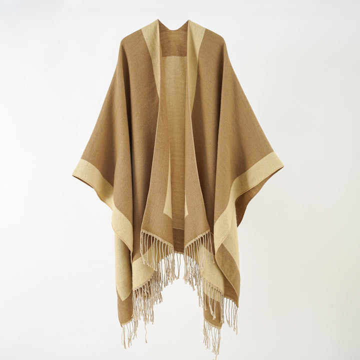 Women Ruana Poncho with Fringe Hem and Herringbone Weave Structure Mune Fashion