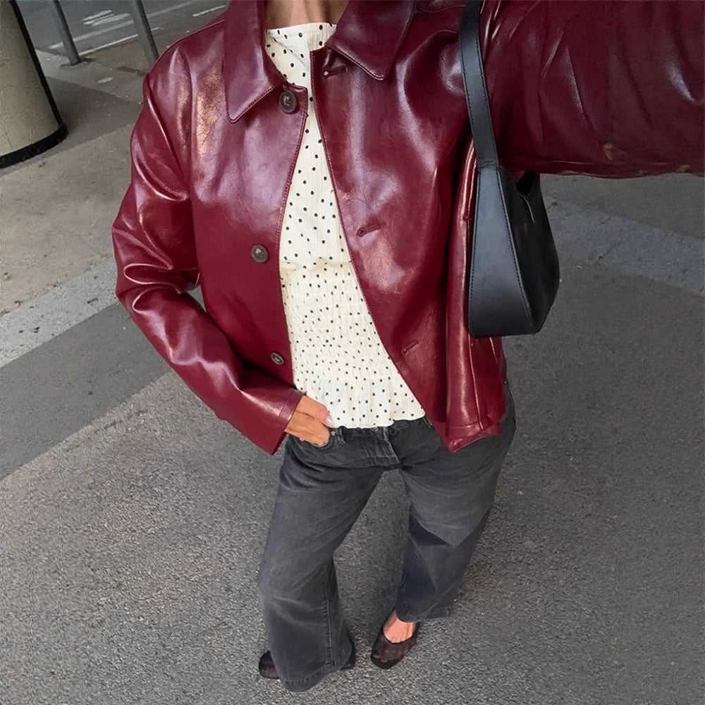 Women's Boxy Faux Leather Jacket with Shirt Collar and Straight Cropped Cut Mune Fashion