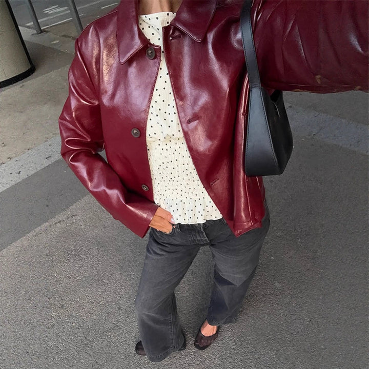 Women's Boxy Faux Leather Jacket with Shirt Collar and Straight Cropped Cut Mune Fashion