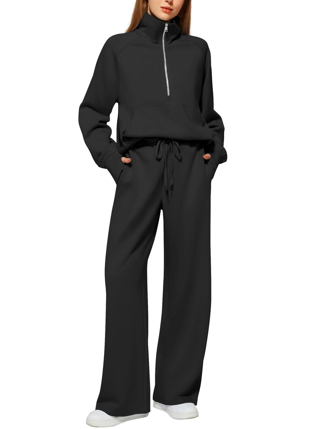 Women half-zip lounge set with high stand-up collar, kangaroo pocket and wide high-waist joggers Mune Fashion