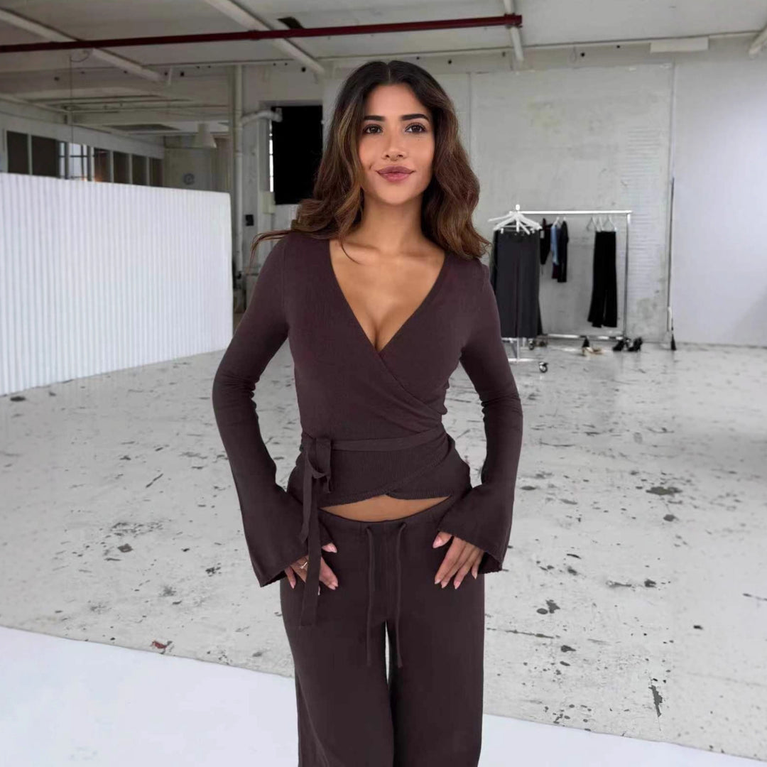 Ladies' fine knit wrap set with deep V-neck, waist tie belt and wide comfort pants Mune Fashion