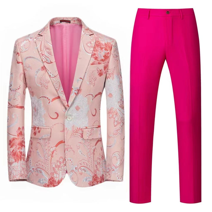 Women's Two-Piece Satin Jacquard Blazer with Floral Pattern and Tailored Fit as well as Slim Fit Suit Pants Mune Fashion