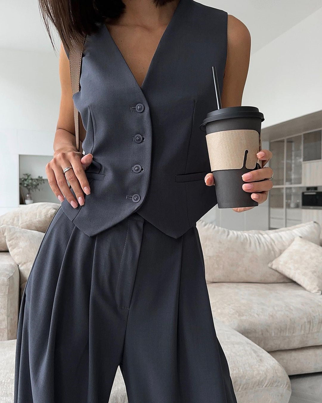 Mune Fashion | Neckline Sleeveless Vest with Wide Leg Pantsuit