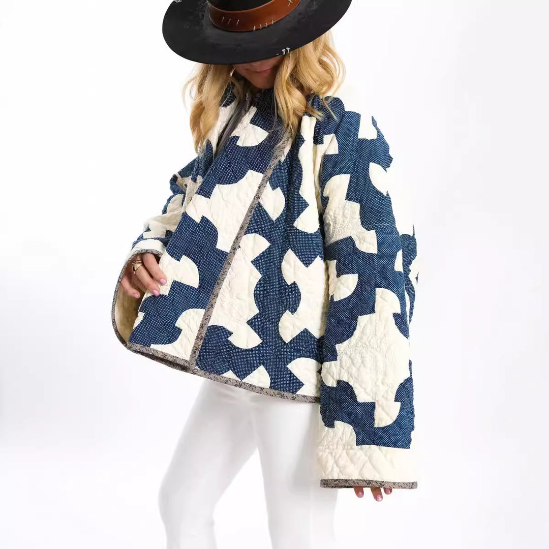 Women's Quilted Oversize Jacket with Patchwork Pattern and Wide Kimono Sleeves Mune Fashion