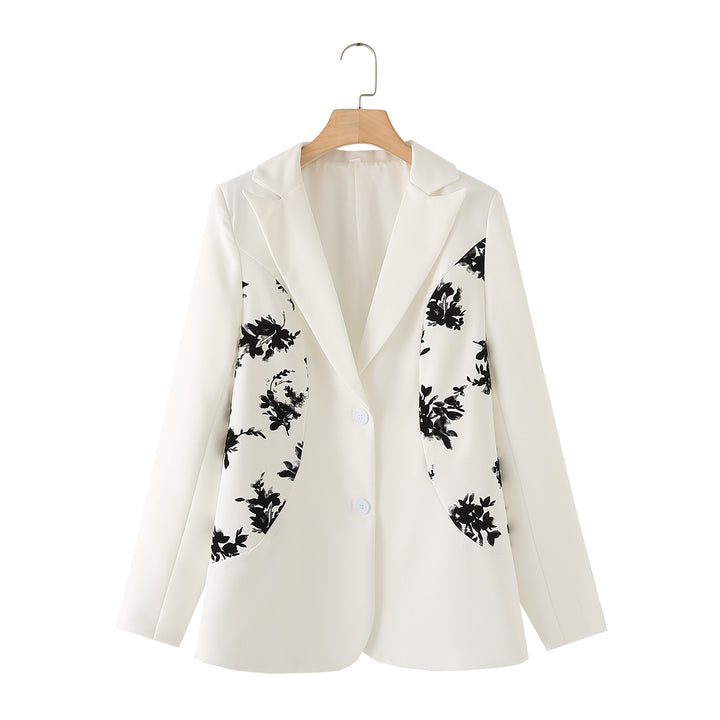 Women's tailored single-breasted blazer with contrasting floral side panels and softly flowing silhouette Mune Fashion