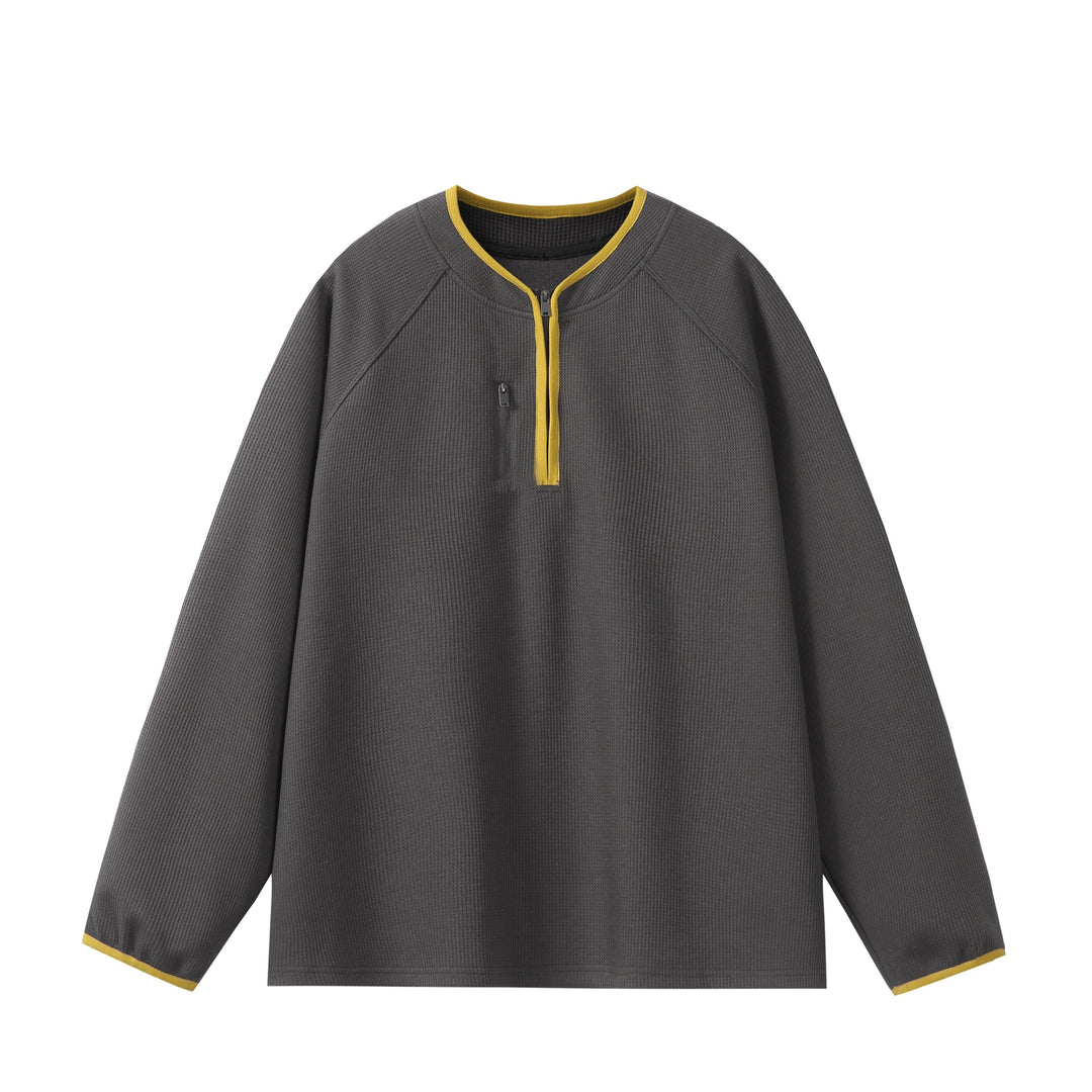 Unisex Relaxed-Fit Waffle Knit Half Zip with Concealed Chest Pocket and Raglan Sleeves Mune Fashion