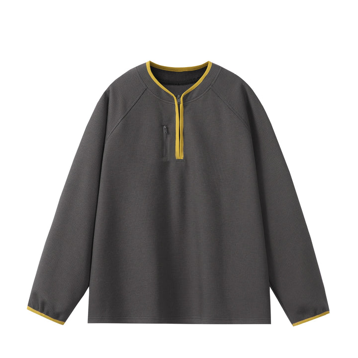 Unisex Relaxed-Fit Waffle Knit Half Zip with Concealed Chest Pocket and Raglan Sleeves Mune Fashion
