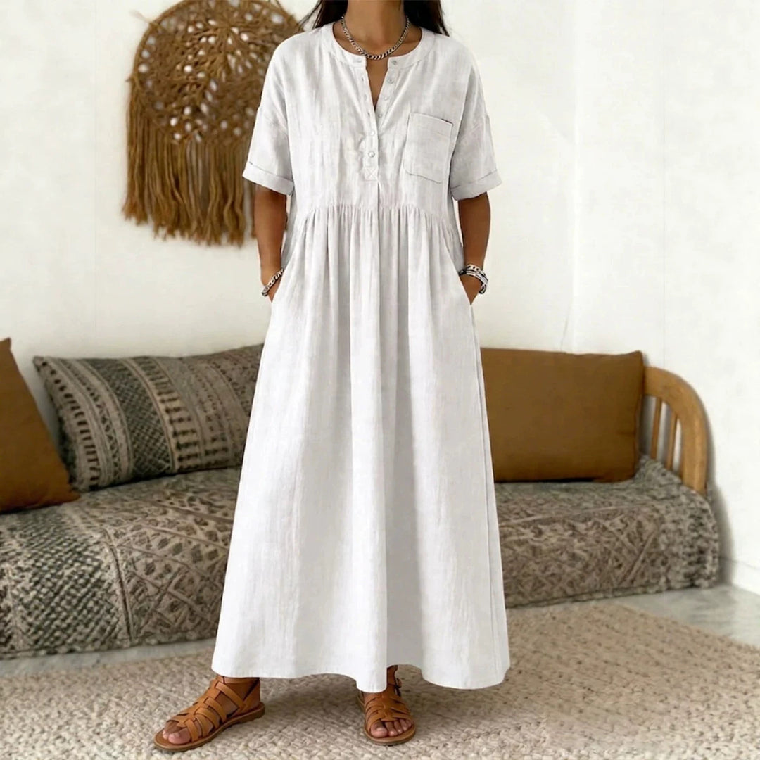 Women's Long Boho Maxi Dress with Henley Button Placket, Chest Pocket and Side Pockets Mune Fashion