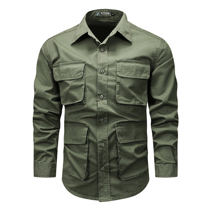 Men's urban field shirt with reinforced seams, concealed button placket, and multiple patch flap pockets.