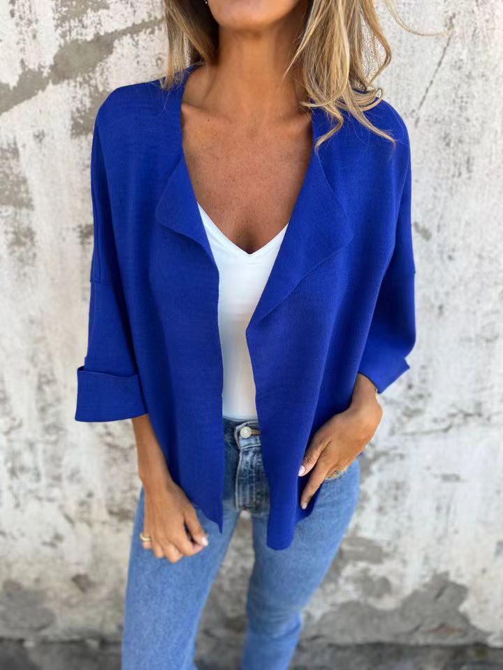 Women's light open knit cardigan with shawl collar, roll-up sleeves and boxy silhouette Mune Fashion