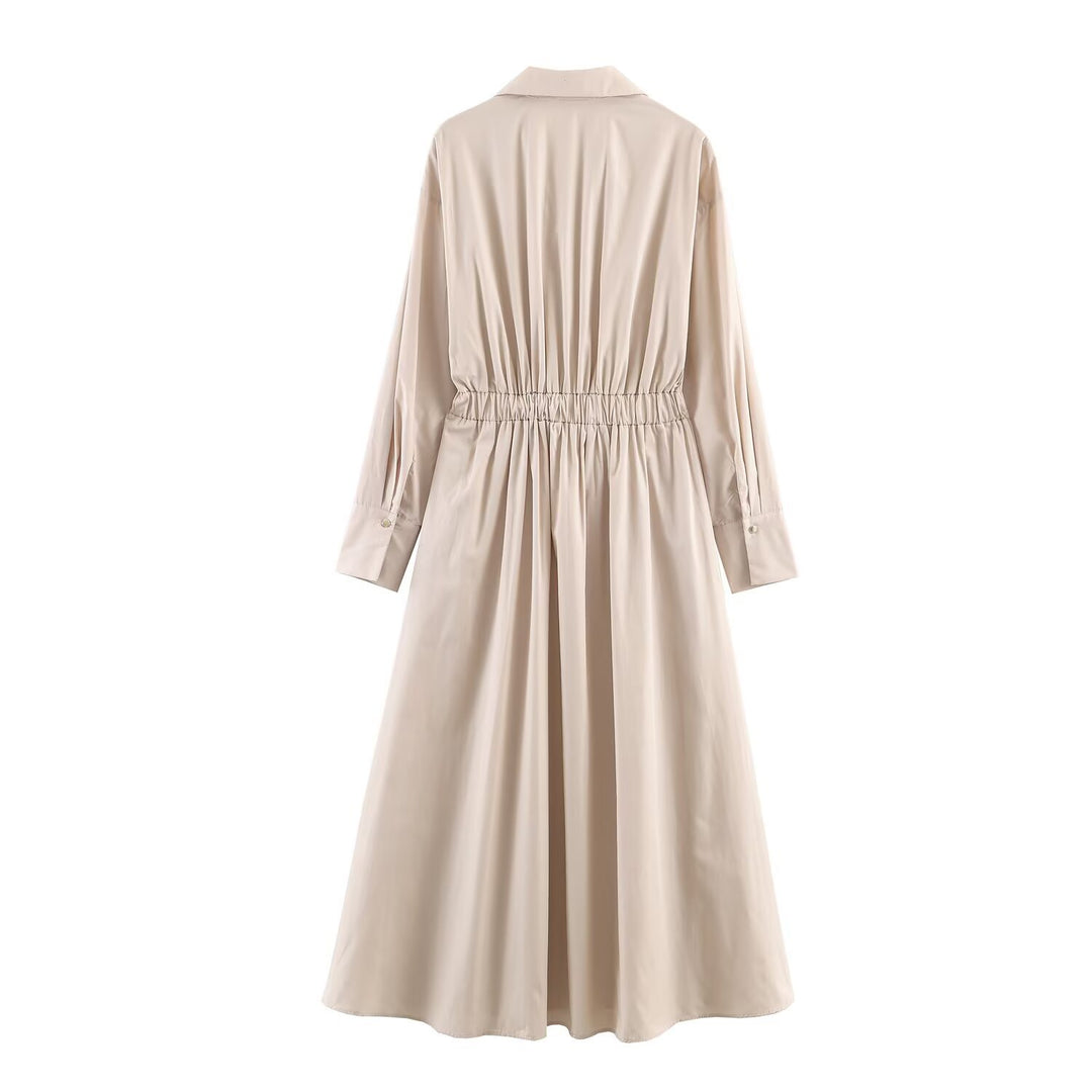 Women Long Sleeve Shirt Dress with Wide Pleated Skirt and Waist Belt Mune Fashion