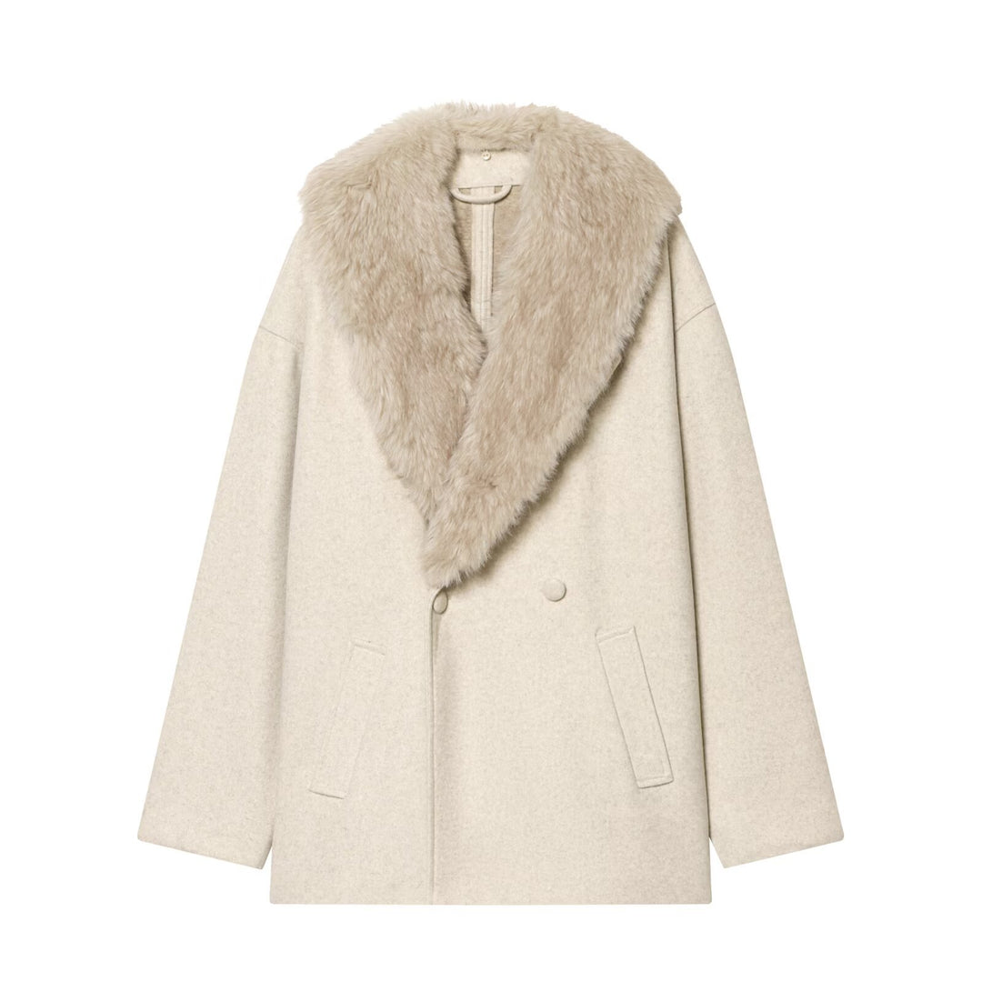 Women Short Wool Blend Coat with Oversized Faux Fur Shawl Collar Mune Fashion
