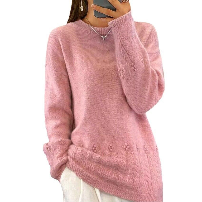 Ladies nan cozy oversized cashmere blend sweater with cable pattern and pearl application Mune Fashion