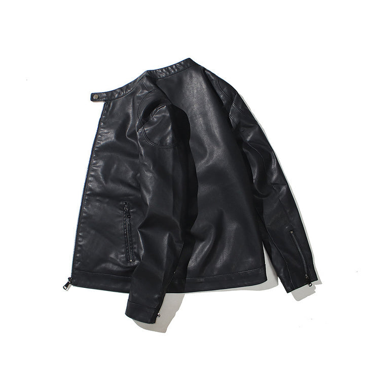 Men's Slim Faux Leather Biker Jacket with Stand Collar and Concealed Zipper Mune Fashion