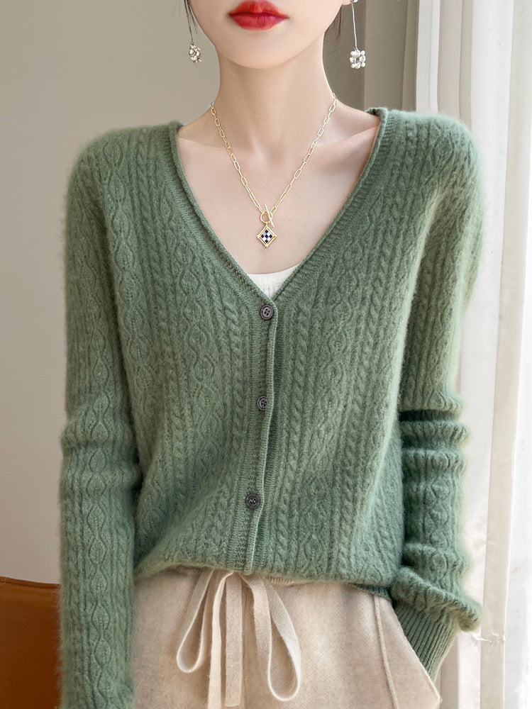 Women's Short Cable Knit Cardigan in Mohair Look with V-Neck and Ribbed Cuffs Mune Fashion