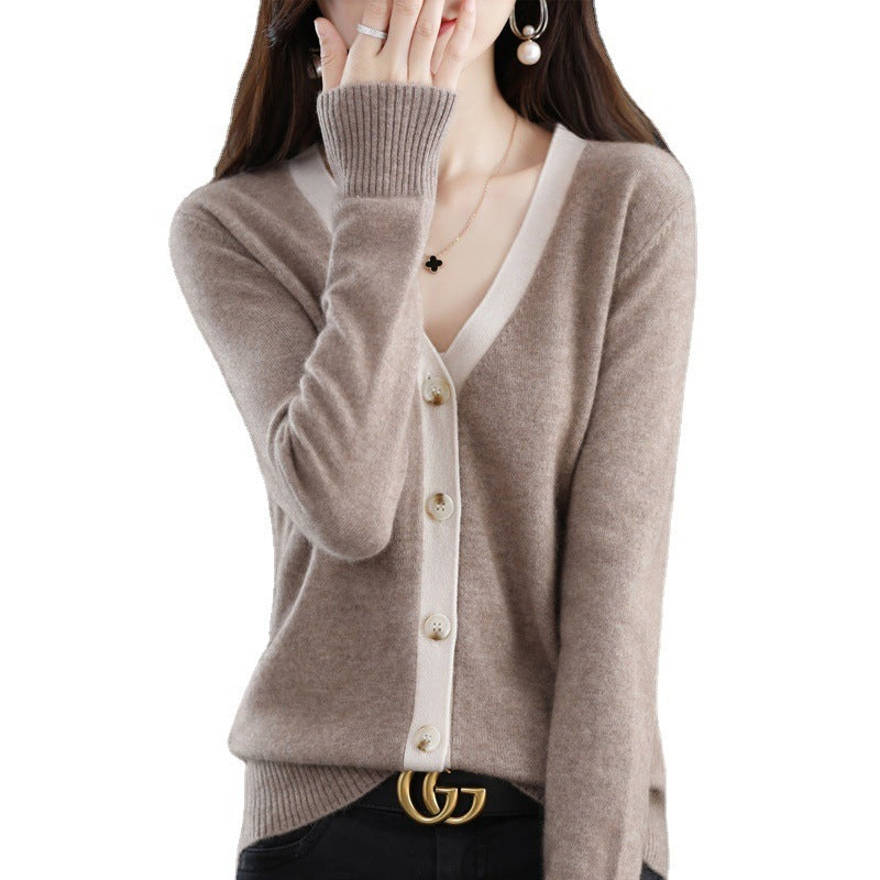 Women Contrast Trim V-Neck Fine Knit Cardigan with Mother-of-Pearl Buttons Mune Fashion