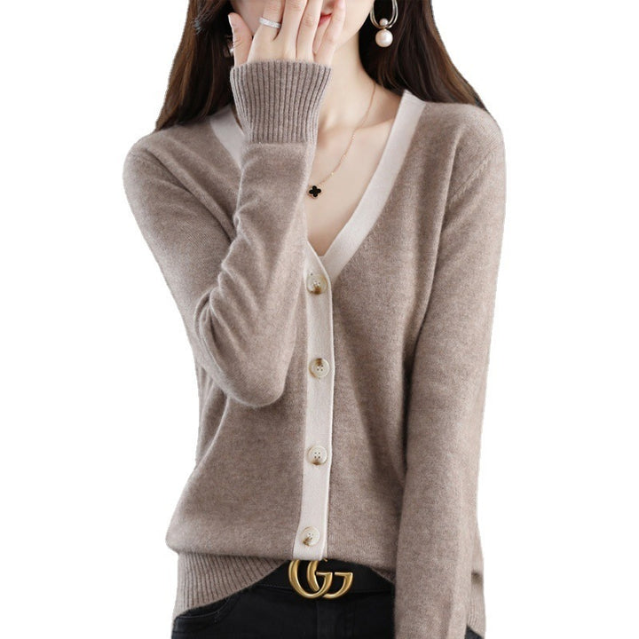 Women Contrast Trim V-Neck Fine Knit Cardigan with Mother-of-Pearl Buttons Mune Fashion