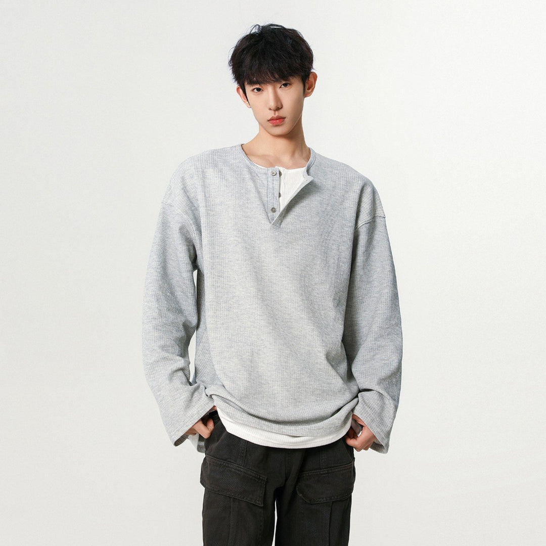 Men's Fashionable Oversized Henley Shirt with Textured Surface Mune Fashion