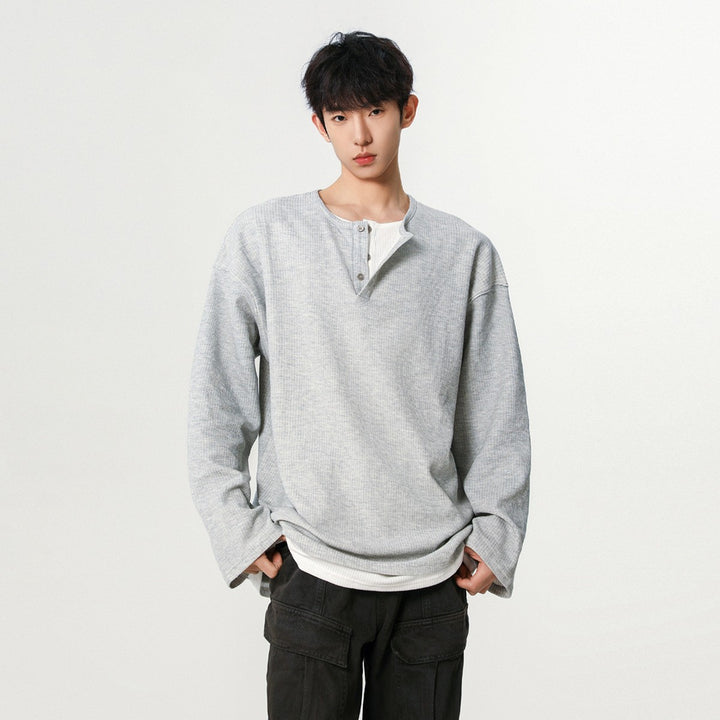 Men's Fashionable Oversized Henley Shirt with Textured Surface Mune Fashion