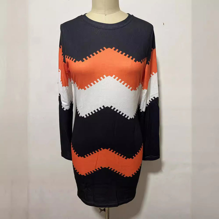 Women's long sleeve knit dress with chevron pattern, straight hem, and body-flattering fit Mune Fashion
