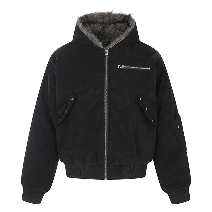 Ladies Oversize Velvet Bomber Jacket with Hood, Faux Fur Lining and Zipper Front Mune Fashion