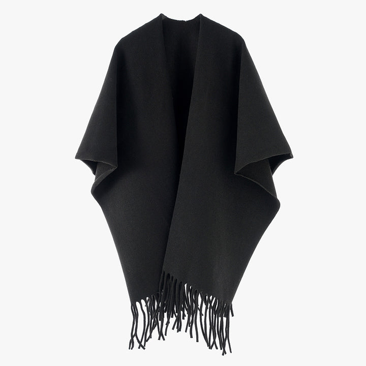 Women Minimalist Wool Cape with Fringe Hem and Open Fall Mune Fashion