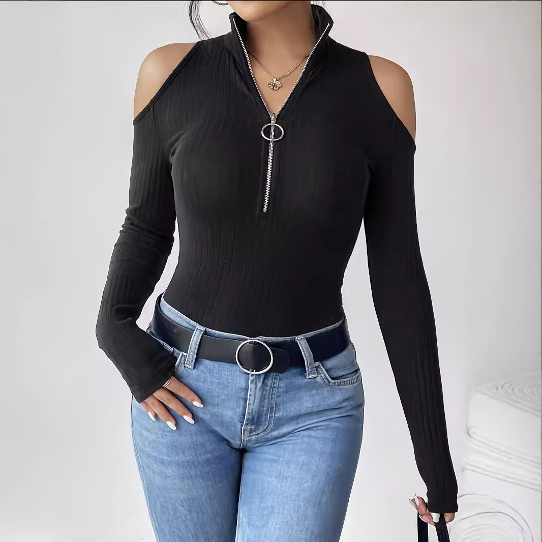 Women's tailored ribbed top with shoulder cutout, high collar, and ring zipper Mune Fashion