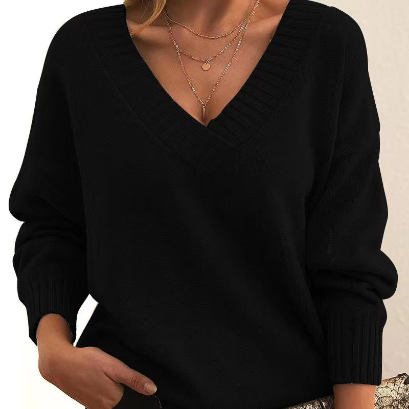 Women's Oversized V-Neck Knit Sweater with Ribbed Cuffs Mune Fashion