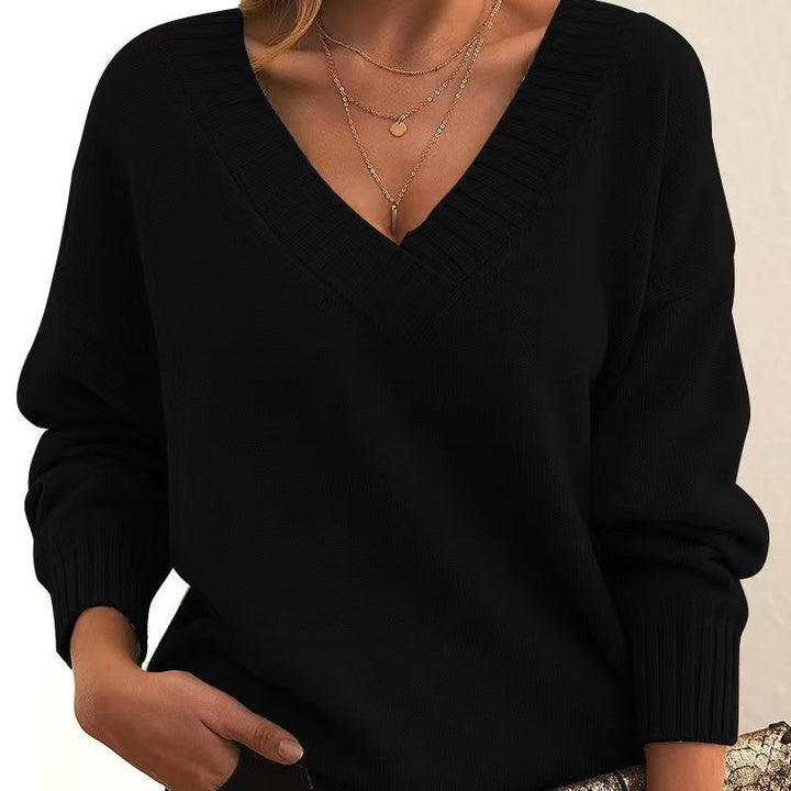 Women's Oversized V-Neck Knit Sweater with Ribbed Cuffs Mune Fashion