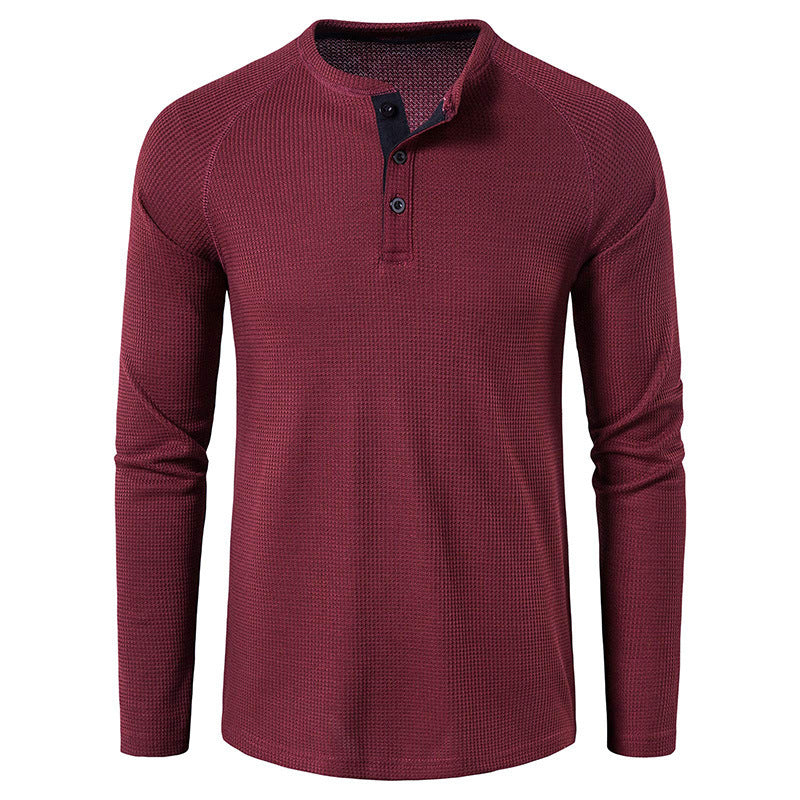 Men's structured henley long-sleeve shirt with waffle texture, half-button placket, and raglan sleeves Mune Fashion