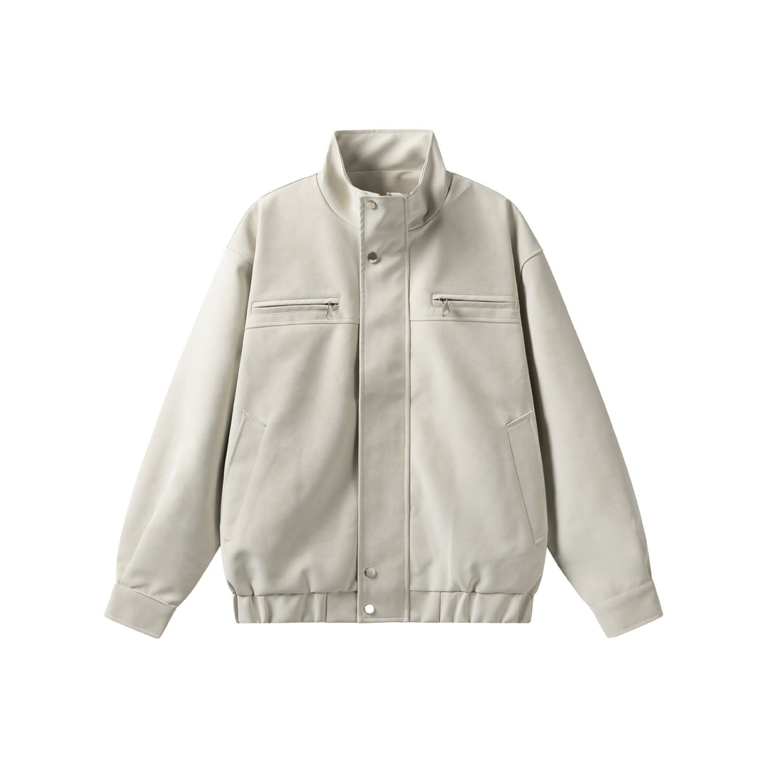Women's short jacket in leather look with high stand-up collar, zip pockets and elastic hem Mune Fashion