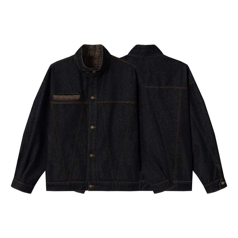 Unisex Boxy Jeans Jacket with high stand-up collar and woven trimmings Mune Fashion