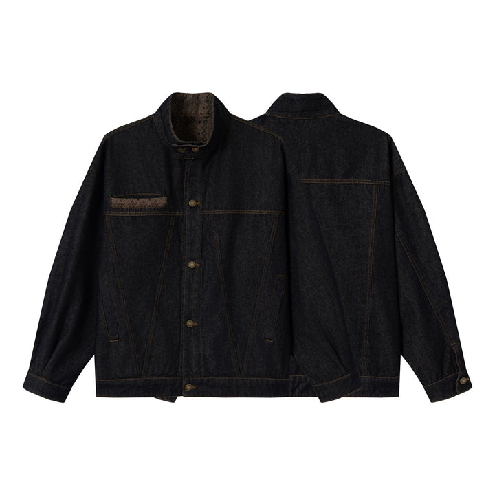 Unisex Boxy Jeans Jacket with high stand-up collar and woven trimmings Mune Fashion