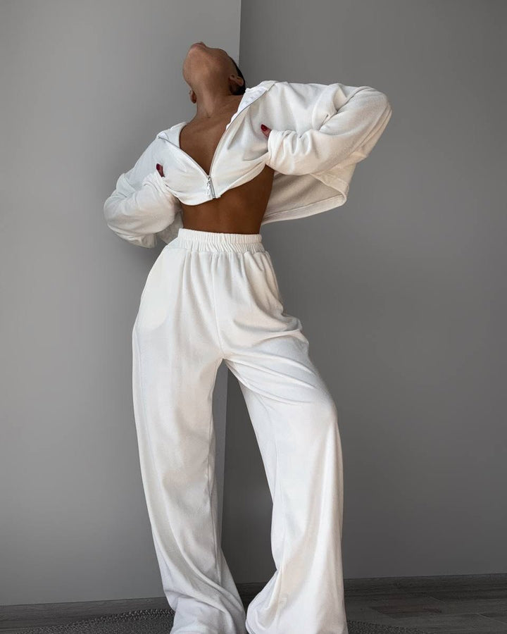 Women Cropped Velvet Zip Hoodie with Flared Sleeves and Flowing High-Waist Lounge Pants Mune Fashion