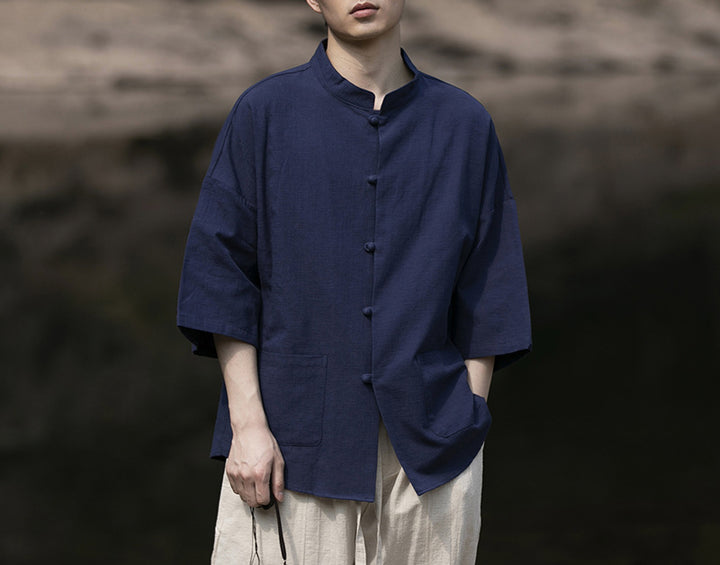 Men's Oversized Shirt in Kimono Style made of Linen-Cotton Mix with Stand-Up Collar Mune Fashion