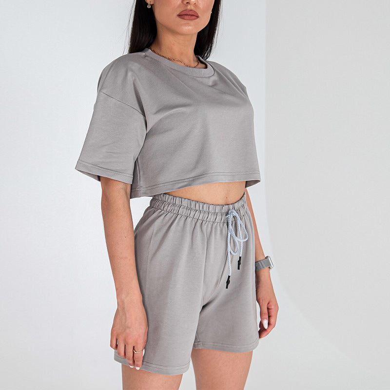 Women Two-Piece Cropped Lounge Set made of Cotton Jersey with Elastic Drawstring Shorts Mune Fashion