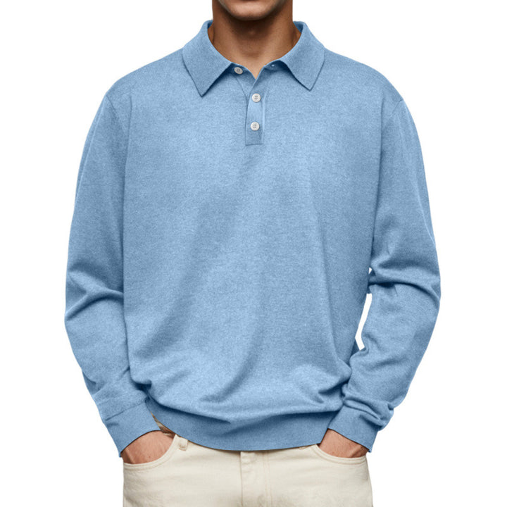 Men's Fine Knit Long Sleeve Polo Shirt with Placket and Collar Mune Fashion