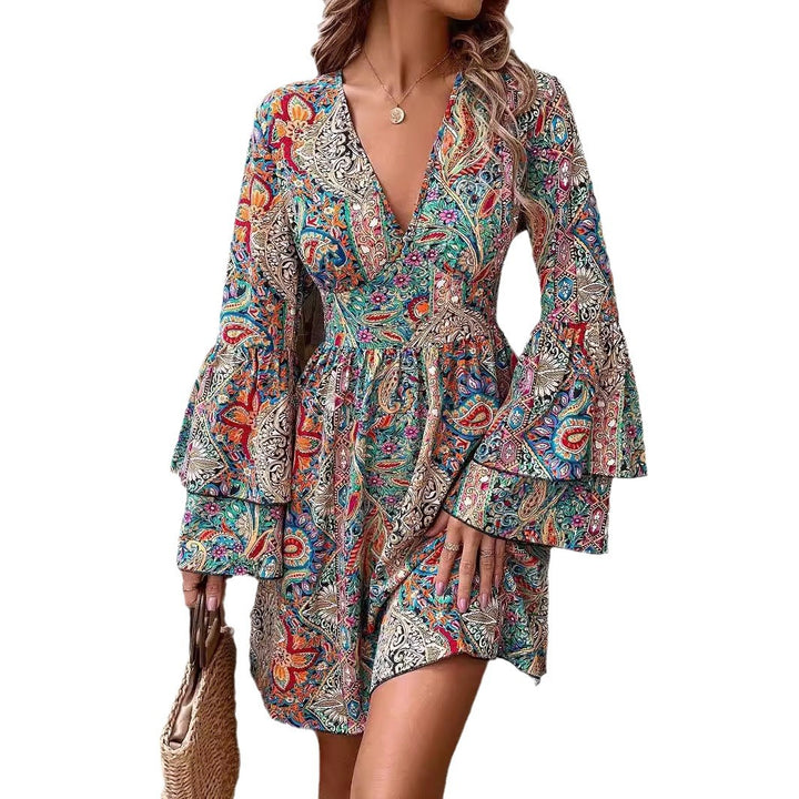 Women nan Boho mini dress with deep V-neck, trumpet sleeves and ruched waist Mune Fashion